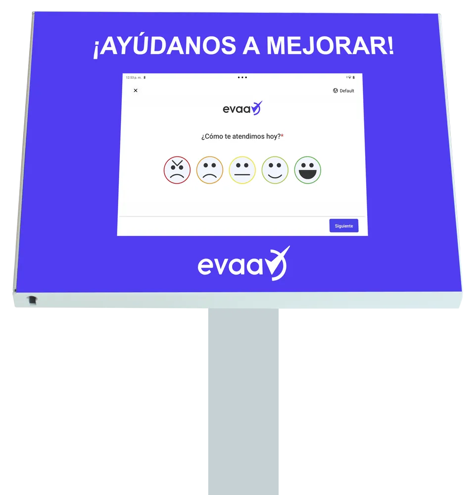 EVAA Kiosk: tablet in survey mode on a pedestal, showing satisfaction smileys